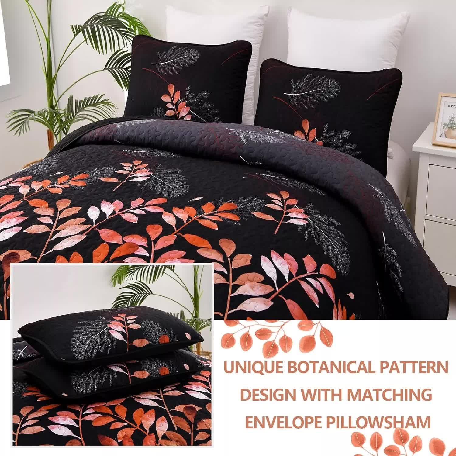 Black and Red  Leaves Quilted Bedspread & Pillowcase Set  - Image 2