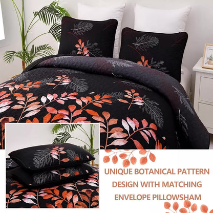 Black and Red  Leaves Quilted Bedspread & Pillowcase Set  - Image 2