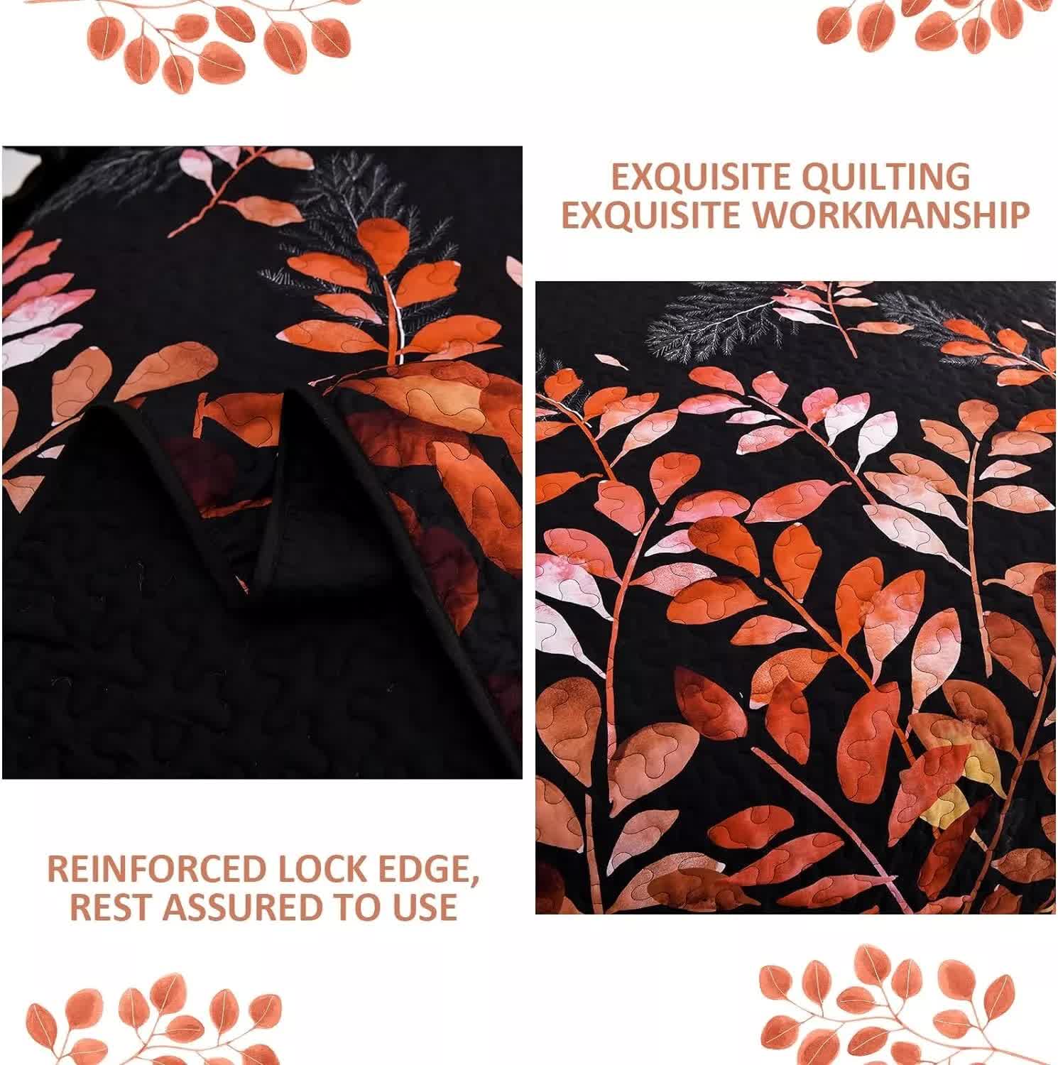 Black and Red  Leaves Quilted Bedspread & Pillowcase Set  - Image 3
