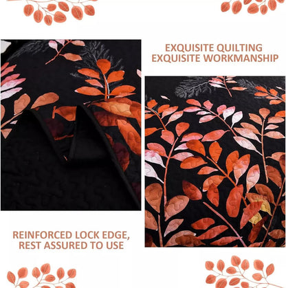 Black and Red  Leaves Quilted Bedspread & Pillowcase Set  - Image 3
