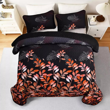 Black and Red  Leaves Quilted Bedspread & Pillowcase Set  - Image 4