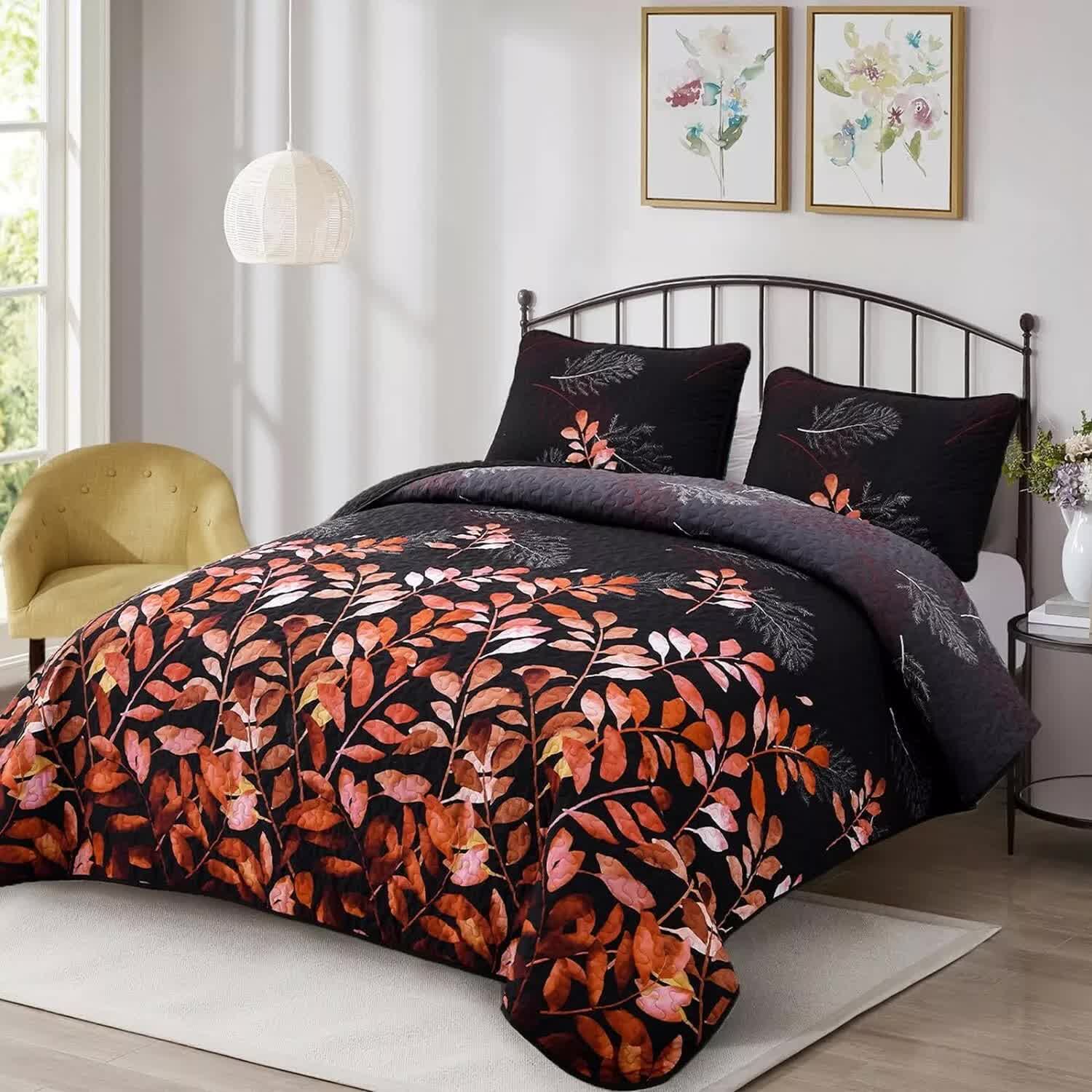 Black and Red  Leaves Quilted Bedspread & Pillowcase Set  - Image 5