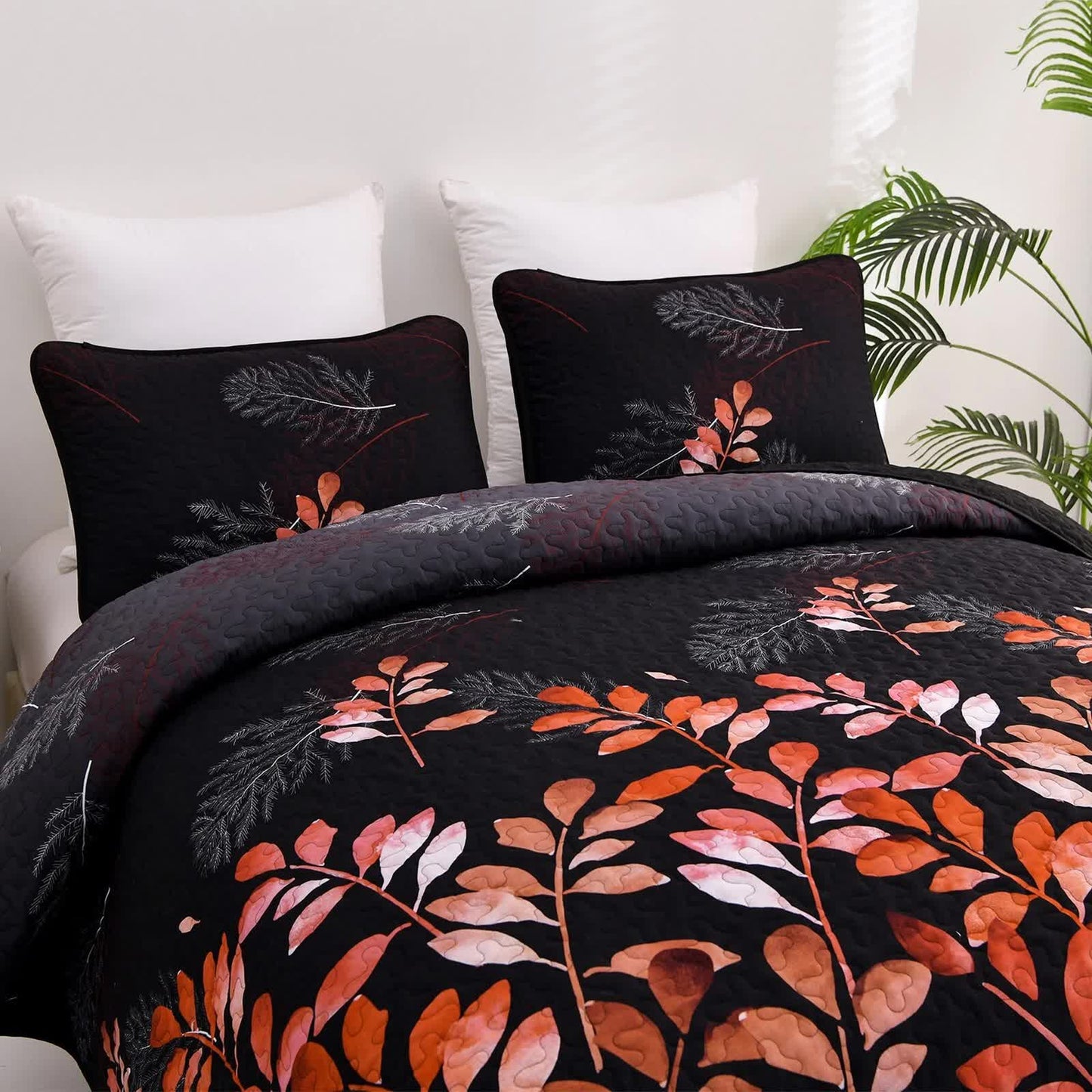 Black and Red  Leaves Quilted Bedspread & Pillowcase Set  - Image 6
