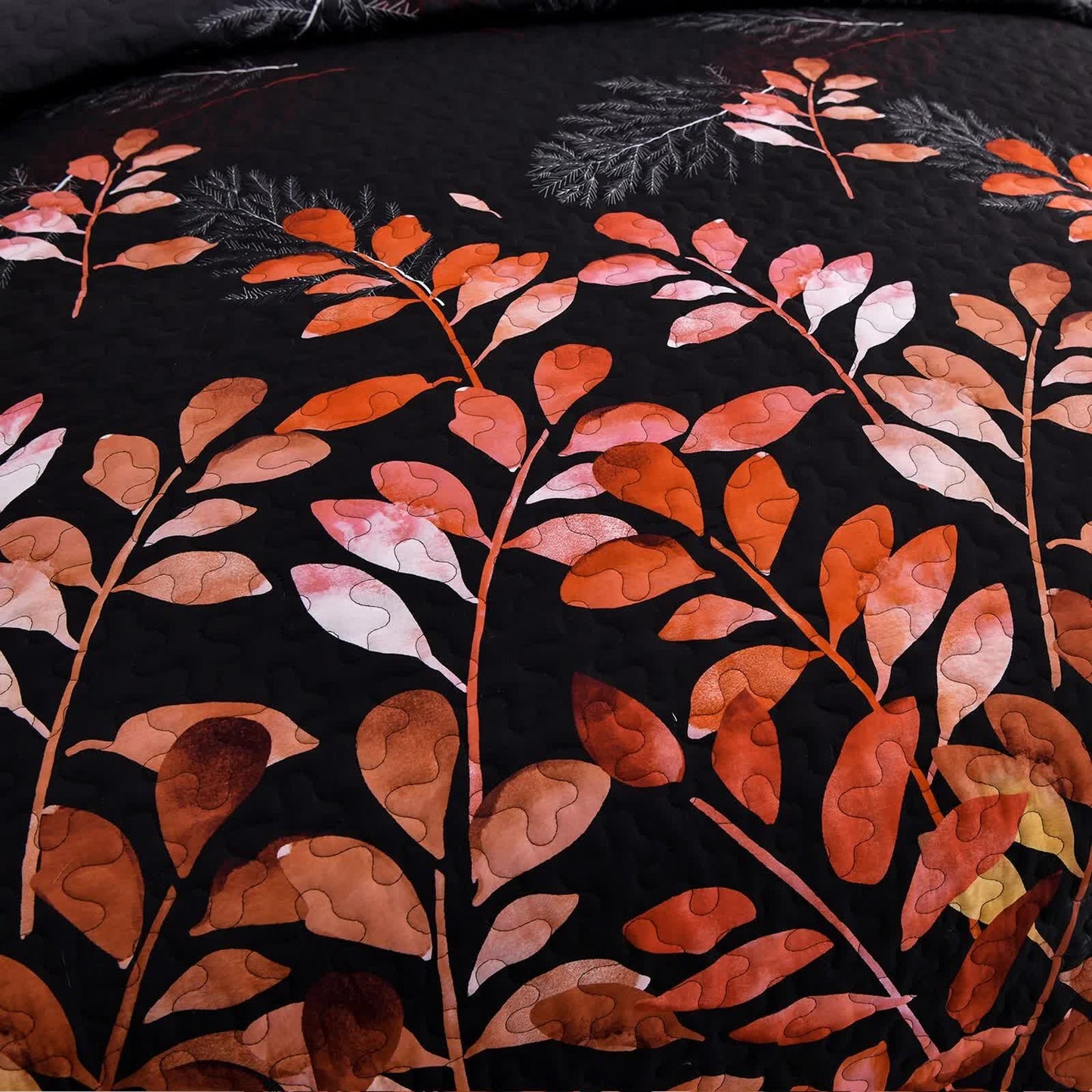 Black and Red  Leaves Quilted Bedspread & Pillowcase Set  - Image 7