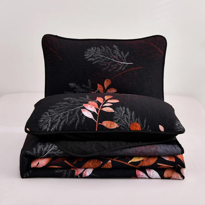 Black and Red  Leaves Quilted Bedspread & Pillowcase Set  - Image 9