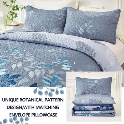 Blue Garden Coverlet Set with Quilted Floral Pattern and Pillowcases - Image 4