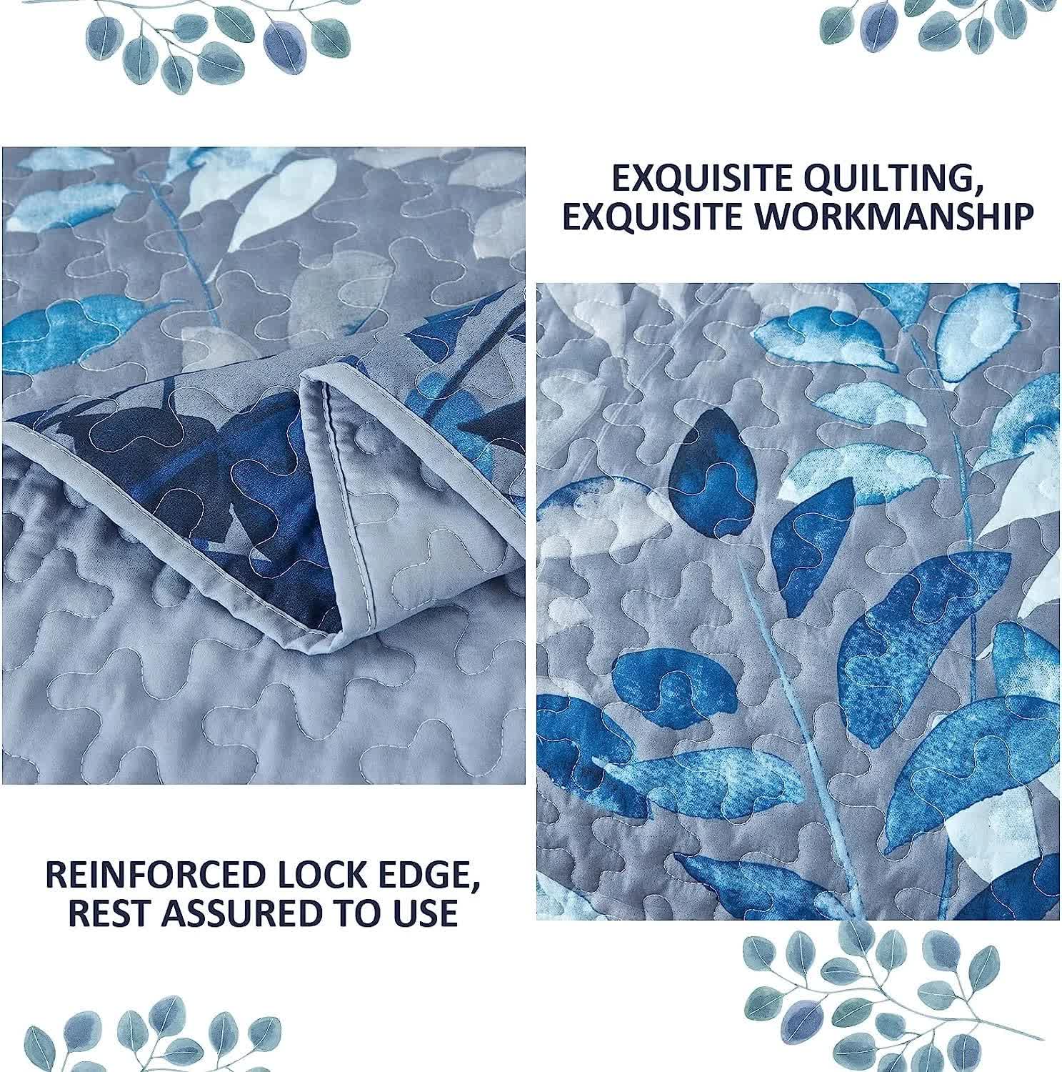 Blue Garden Coverlet Set with Quilted Floral Pattern and Pillowcases - Image 5