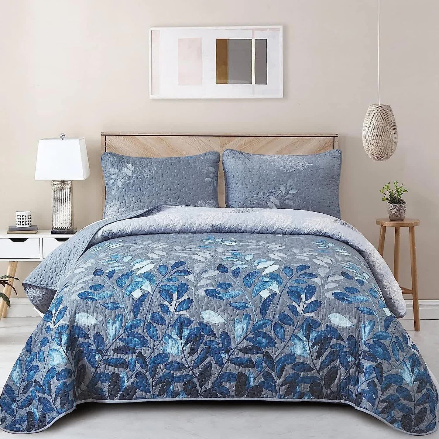 Blue Garden Coverlet Set with Quilted Floral Pattern and Pillowcases - Image 7