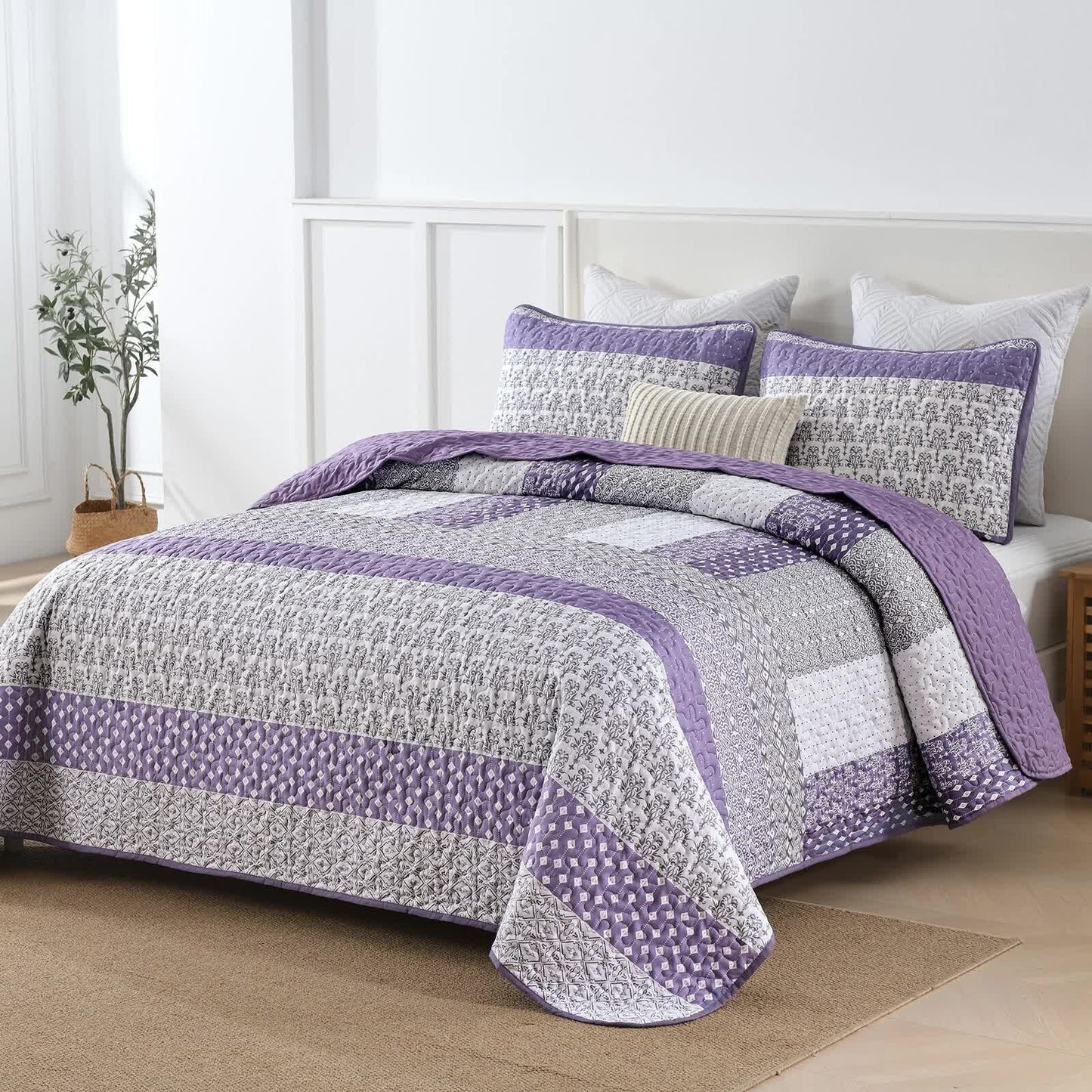 Bohemian Purple and White Quilted Bedspread or Coverlet Set and matching pillowcases - Image 2