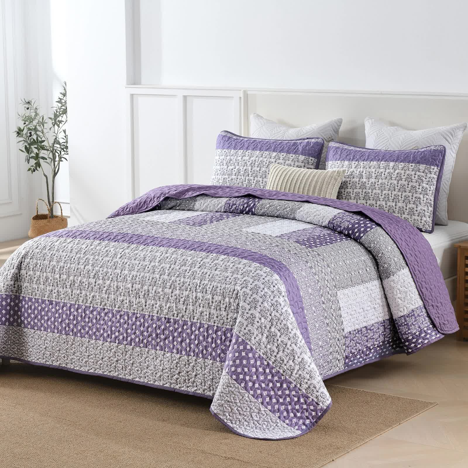 Bohemian Purple and White Quilted Bedspread or Coverlet Set and matching pillowcases - Image 2