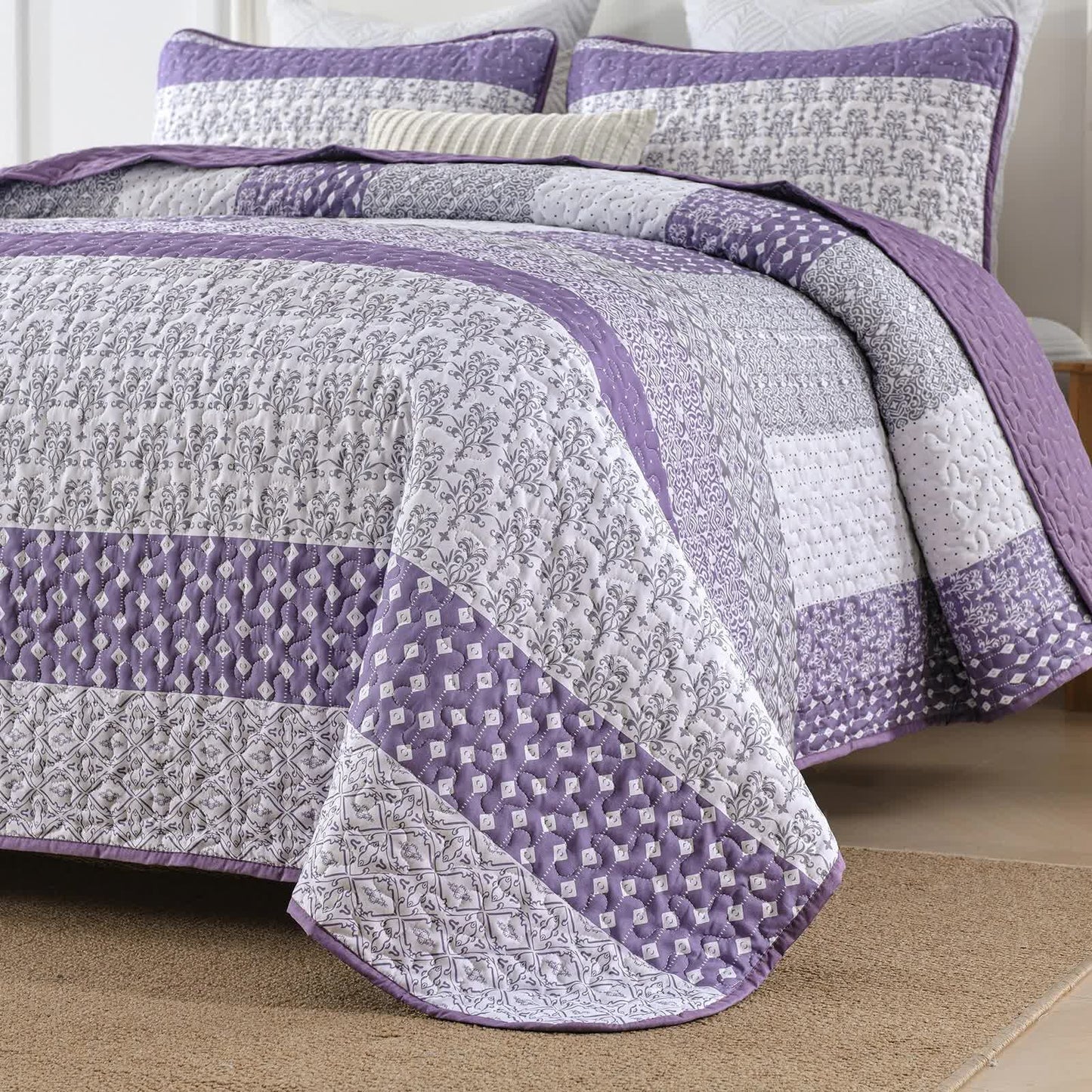Bohemian Purple and White Quilted Bedspread or Coverlet Set and matching pillowcases - Image 3
