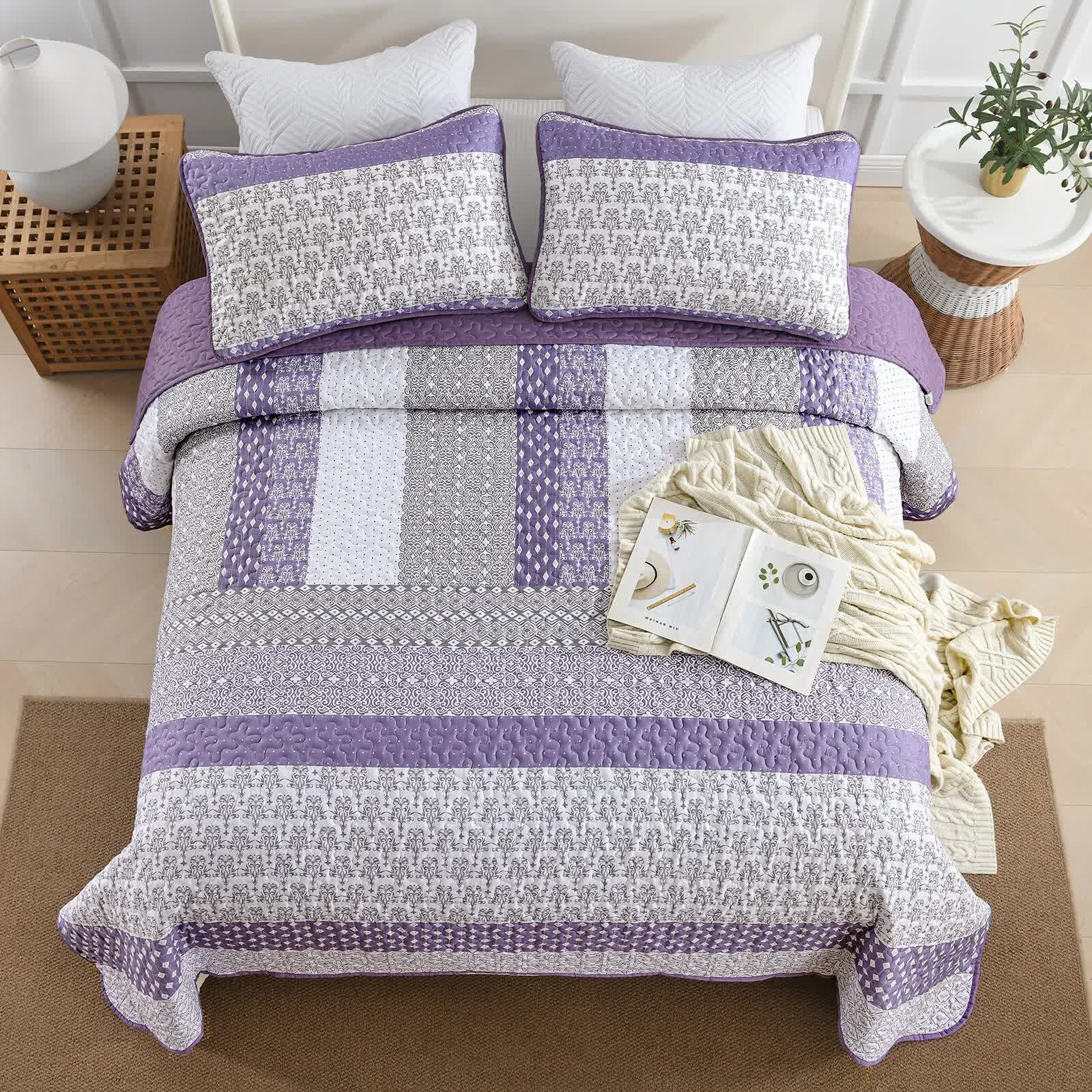 Bohemian Purple and White Quilted Bedspread or Coverlet Set and matching pillowcases - Image 5
