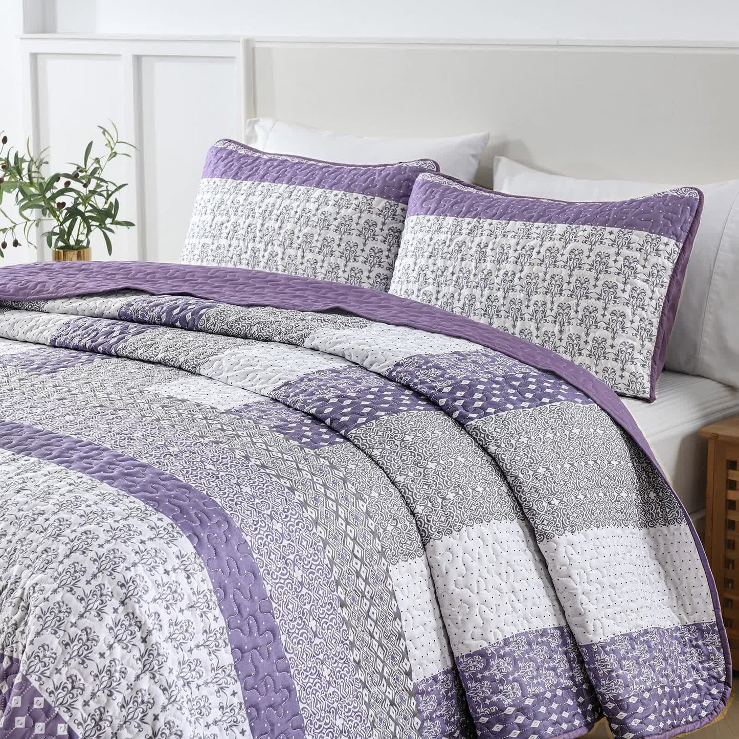 Bohemian Purple and White Quilted Bedspread or Coverlet Set and matching pillowcases - Image 6