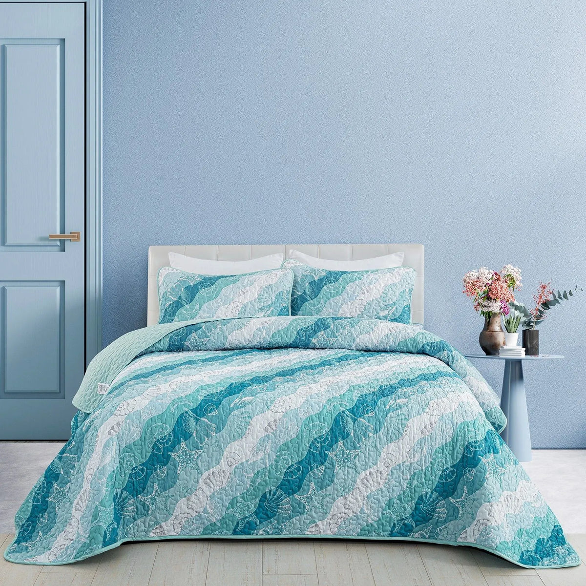 Aqua Seashell Wave Bedspread Coverlet 3 Piece Set