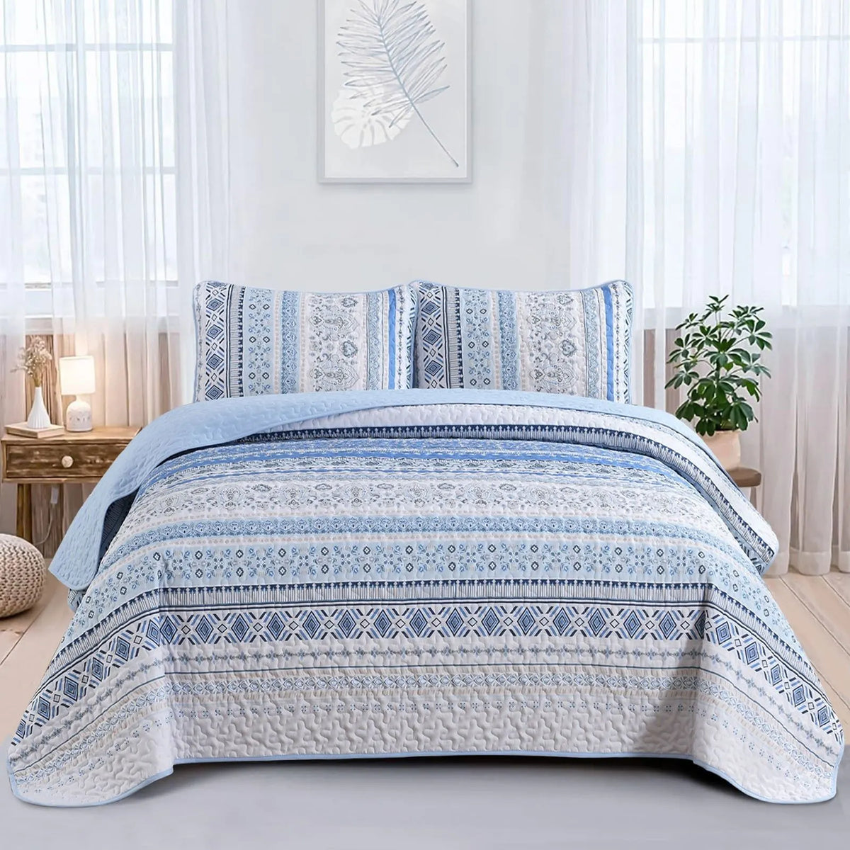 Light Blue Haven Stripe Bedspread Coverlet 3 Piece Set