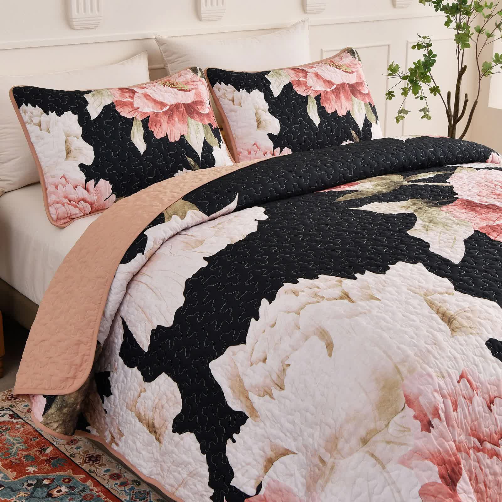 Blossom Trio Quilted Coverlet Set with Pillowcases (Black, Red & Pink - Image 2
