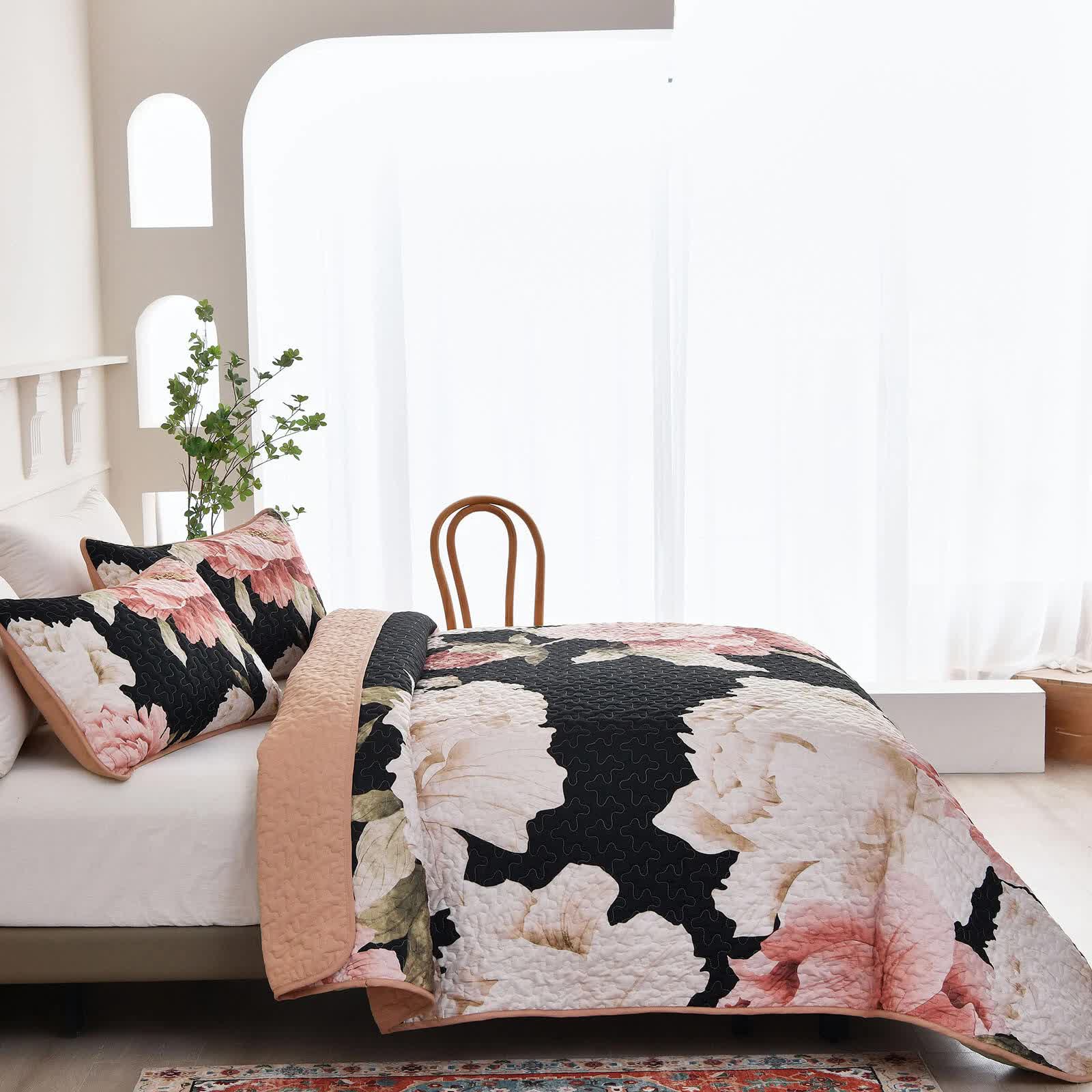 Blossom Trio Quilted Coverlet Set with Pillowcases (Black, Red & Pink - Image 3