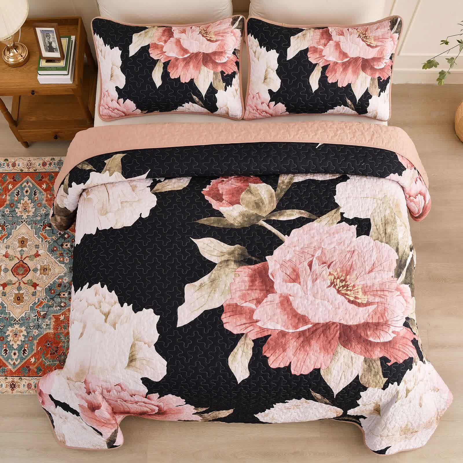 Blossom Trio Quilted Coverlet Set with Pillowcases (Black, Red & Pink - Image 5