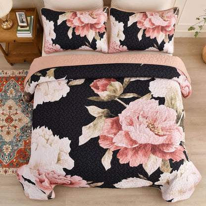 Blossom Trio Quilted Coverlet Set with Pillowcases (Black, Red & Pink - Image 5