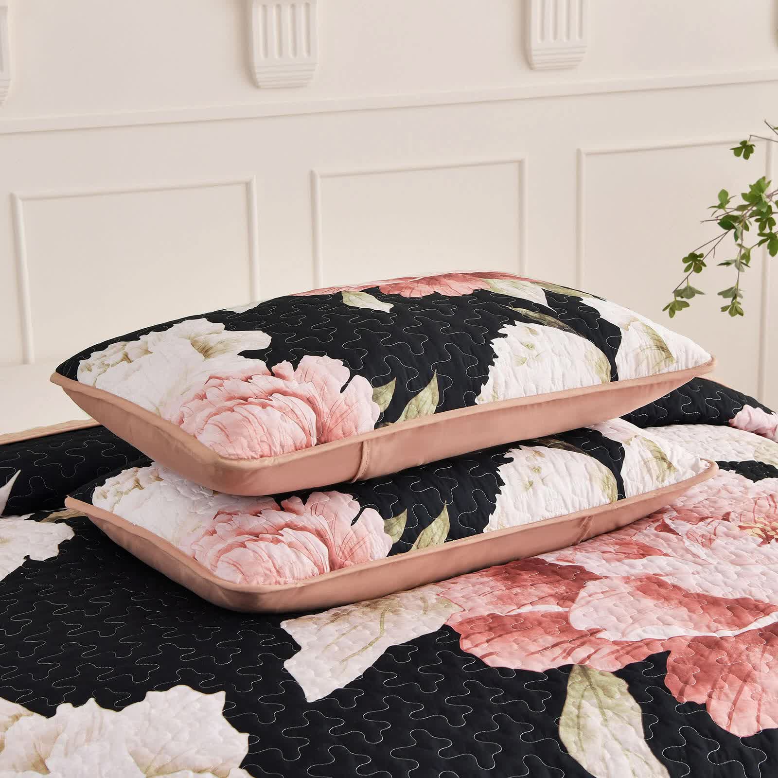 Blossom Trio Quilted Coverlet Set with Pillowcases (Black, Red & Pink - Image 8