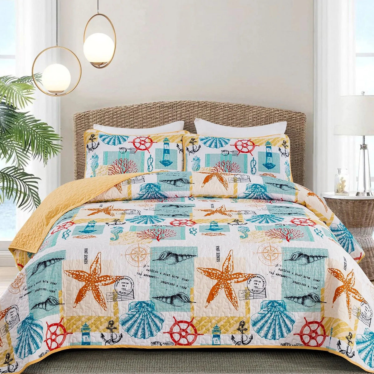 Aqua Sunburst Nautical Bedspread Coverlet 3 Piece Set