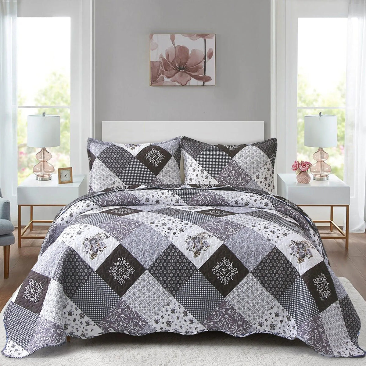 Charcoal Ash Mosaic Bedspread Coverlet 3 Piece Set