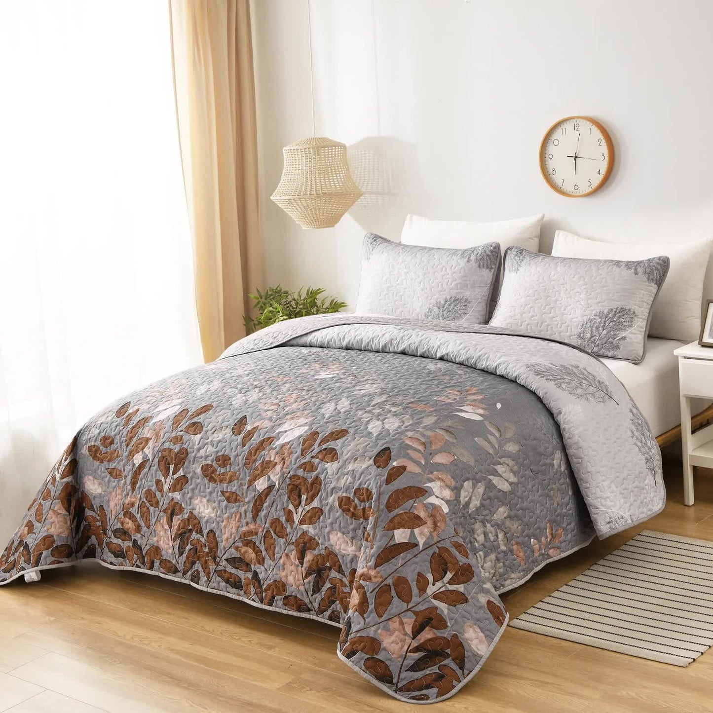 Brown Verdant Quilted Ensemble with Flower Motifs bedspread  and Pillowcases - Image 2