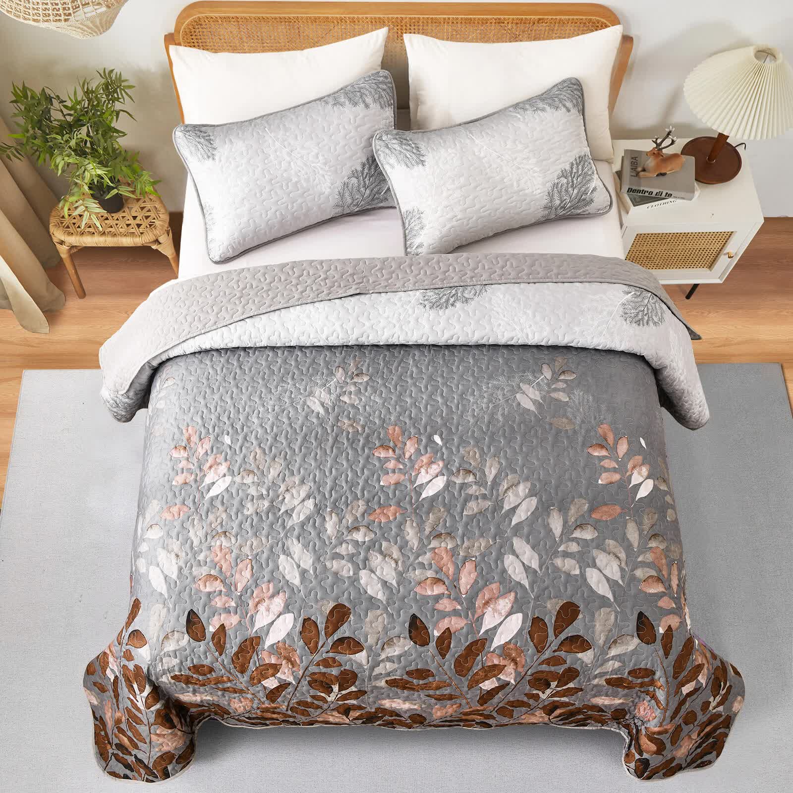 Brown Verdant Quilted Ensemble with Flower Motifs bedspread  and Pillowcases - Image 3