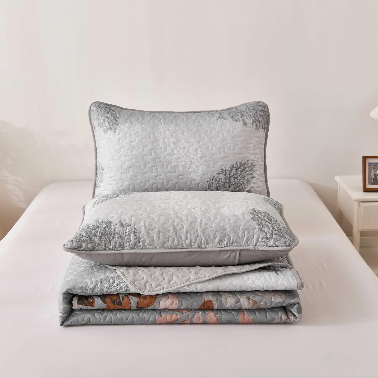 Brown Verdant Quilted Ensemble with Flower Motifs bedspread  and Pillowcases - Image 6