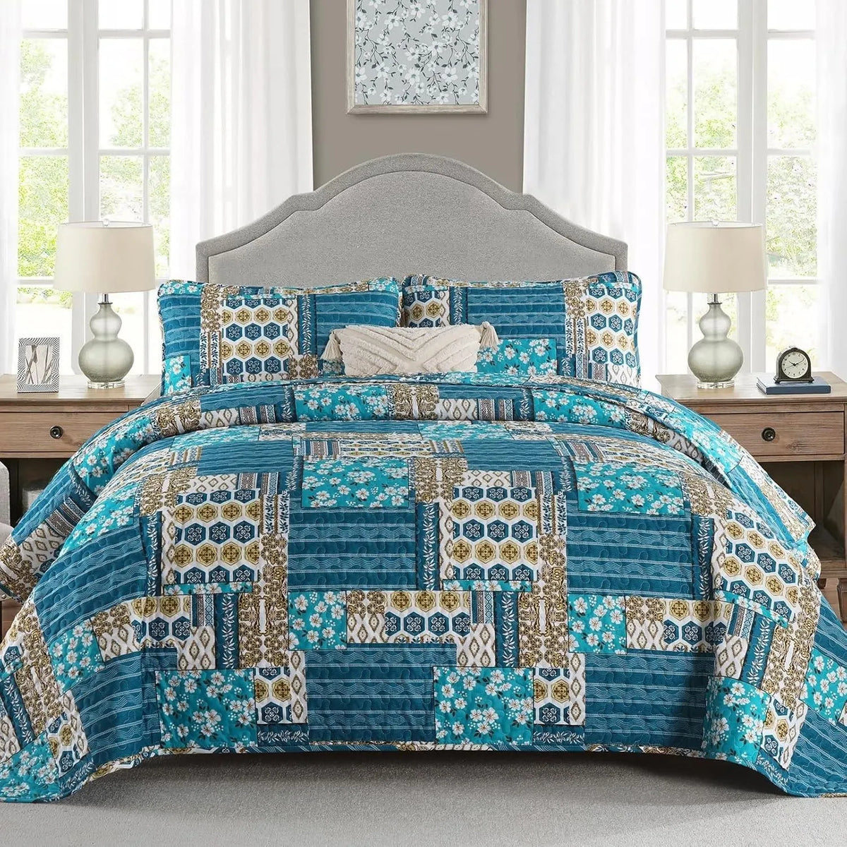 Teal Mosaic Patchwork Bedspread Coverlet 3 Piece Set