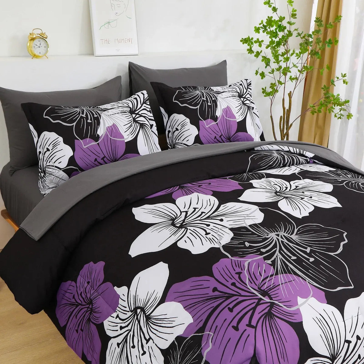Black Purple Hibiscus Bloom Comforter Quilted Doona Set - Image 3