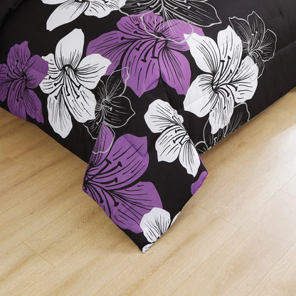 Black Purple Hibiscus Bloom Comforter Quilted Doona Set - Image 4