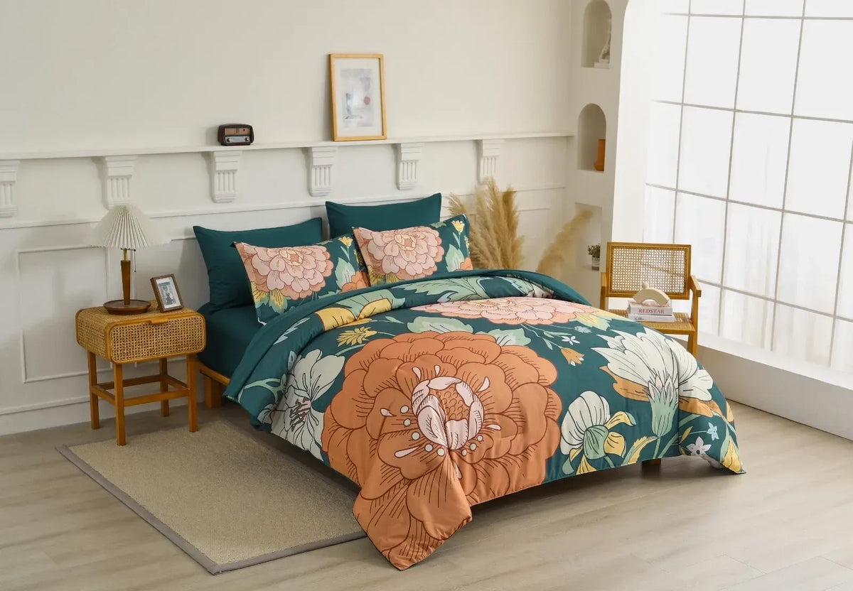Teal Terracotta Dahlia Bloom Comforter Quilted Doona Set - Image 2