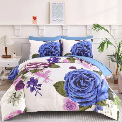 Blue Violet Rose Bloom Comforter Quilted Doona Set