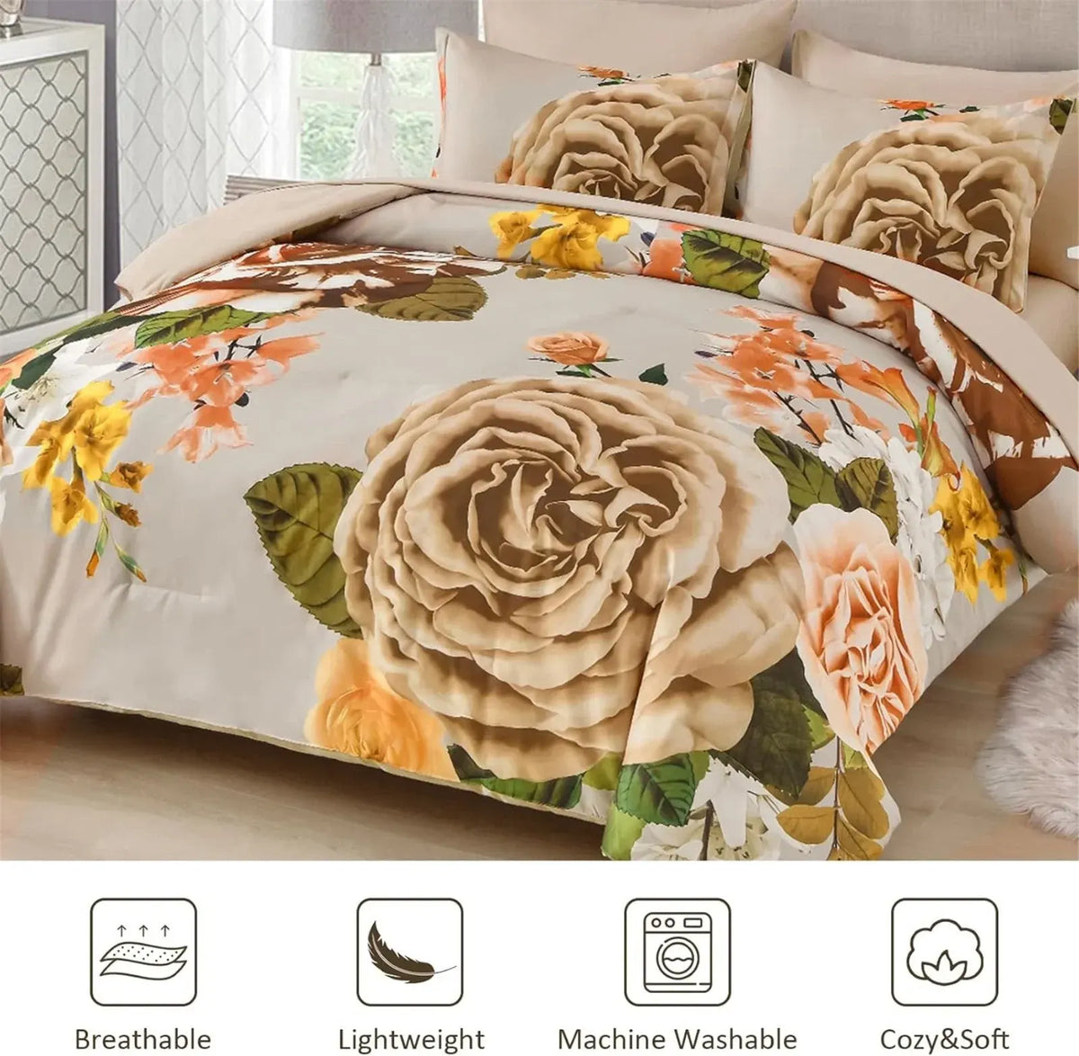 Cream Golden Rose Meadow Comforter Quilted Doona Set - Image 3
