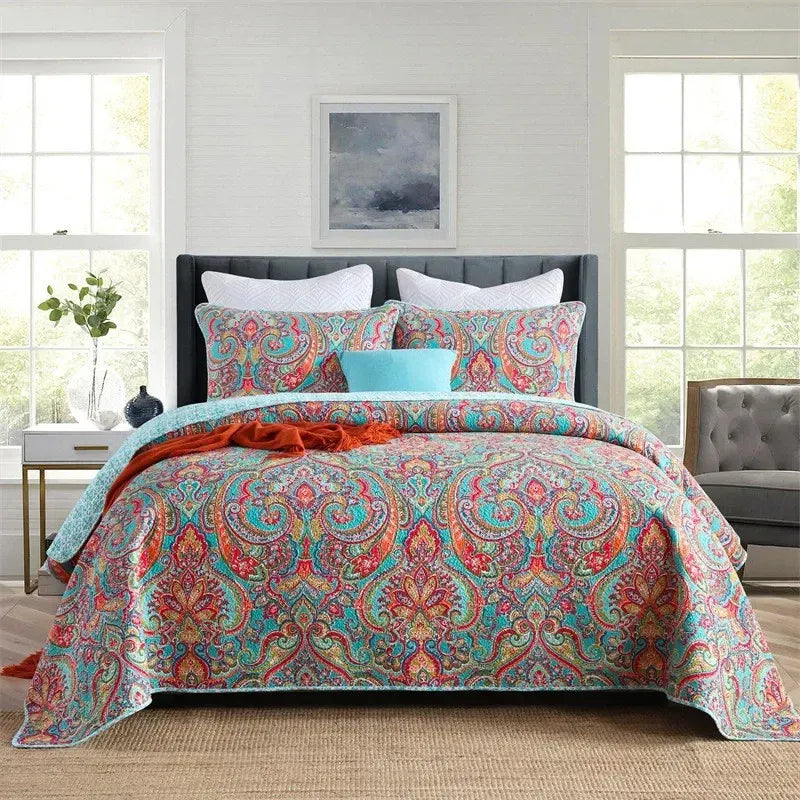 100% Cotton Aqua Coral Paisley Bloom Coverlet Bedspread Set