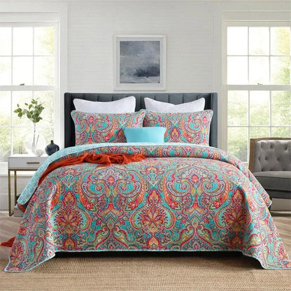 100% Cotton Aqua Coral Paisley Bloom Coverlet Bedspread Set