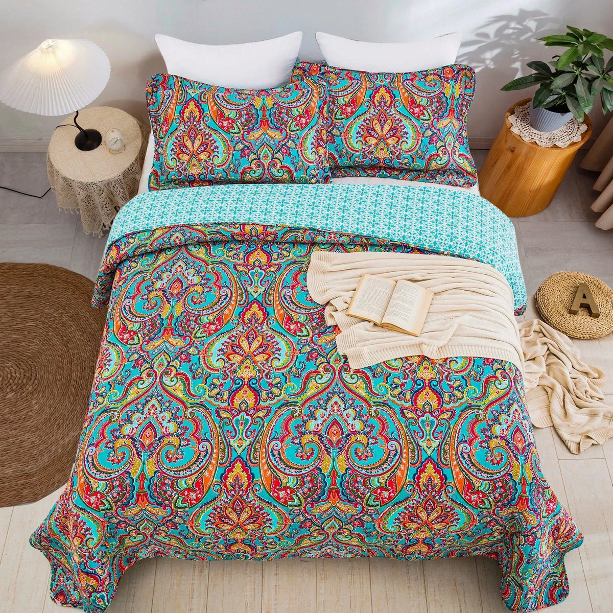 100% Cotton Aqua Coral Paisley Bloom Coverlet Bedspread Set - Image 3