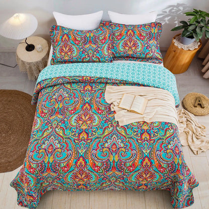 100% Cotton Aqua Coral Paisley Bloom Coverlet Bedspread Set - Image 3