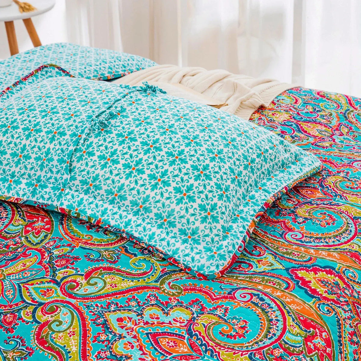 100% Cotton Aqua Coral Paisley Bloom Coverlet Bedspread Set - Image 4
