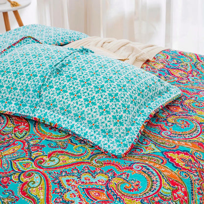 100% Cotton Aqua Coral Paisley Bloom Coverlet Bedspread Set - Image 4