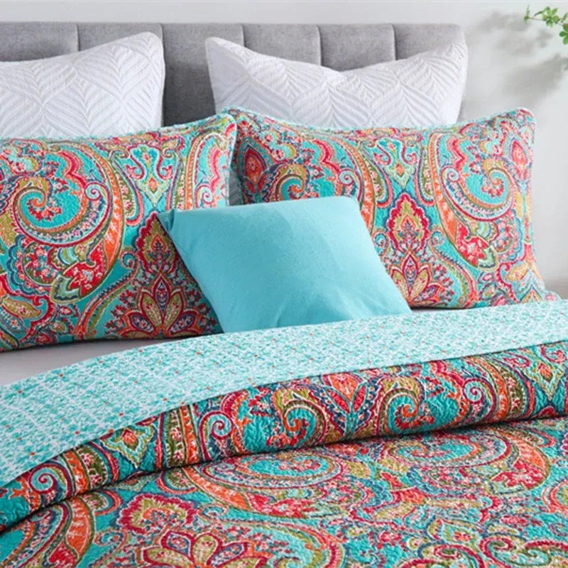100% Cotton Aqua Coral Paisley Bloom Coverlet Bedspread Set - Image 5