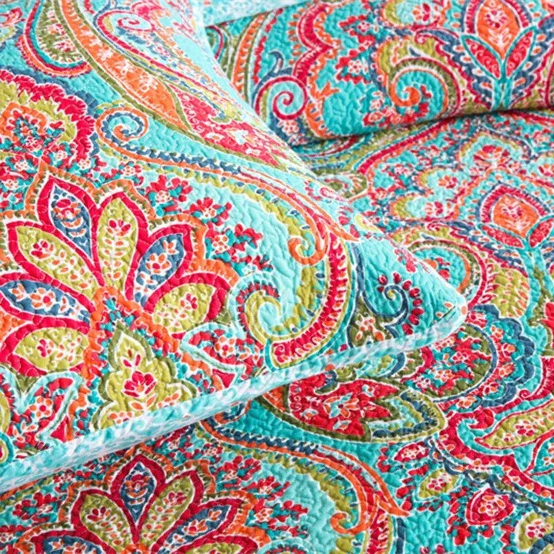 100% Cotton Aqua Coral Paisley Bloom Coverlet Bedspread Set - Image 6