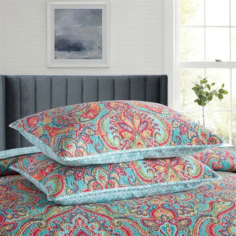 100% Cotton Aqua Coral Paisley Bloom Coverlet Bedspread Set - Image 7