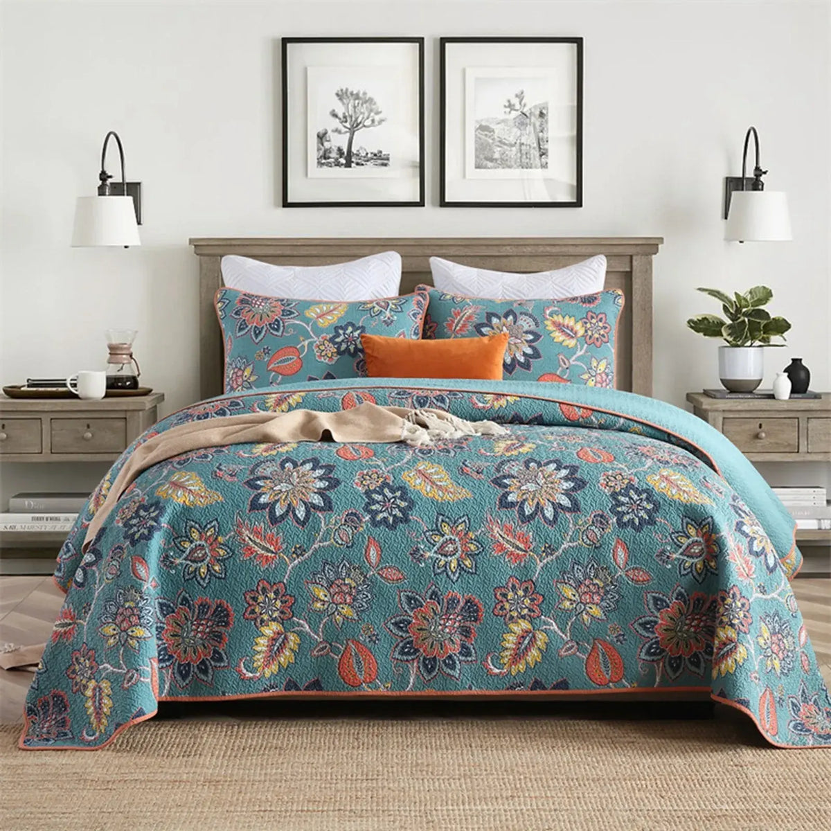 100% Cotton Teal Floralia Garden Coverlet Bedspread Set