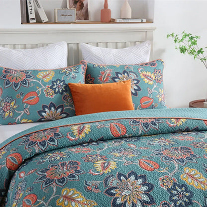 100% Cotton Teal Floralia Garden Coverlet Bedspread Set - Image 4