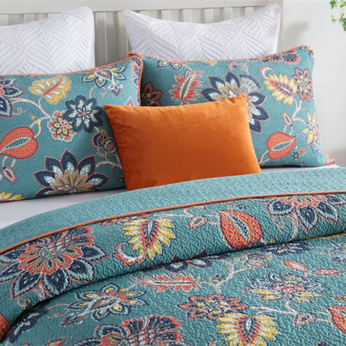 100% Cotton Teal Floralia Garden Coverlet Bedspread Set - Image 6