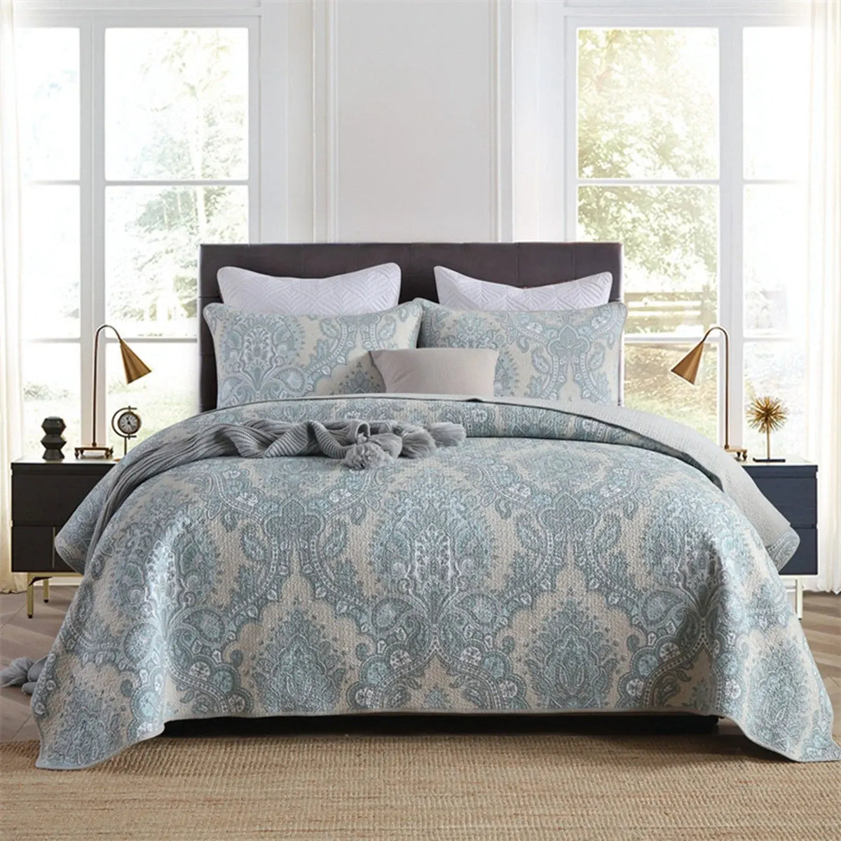 100% Cotton Blue Silver Damask Bloom Coverlet Bedspread Set