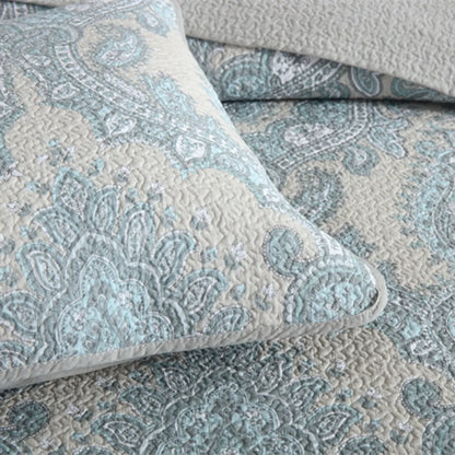 100% Cotton Blue Silver Damask Bloom Coverlet Bedspread Set - Image 2