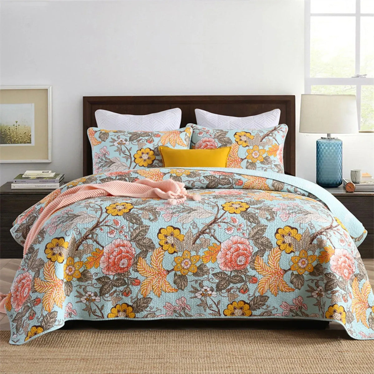 100% Cotton Golden Meadow Floral Coverlet Bedspread Set